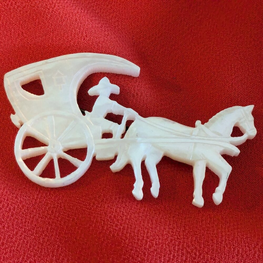 Vintage Hand Carved Mother of Pearl Horse & Carriage Brooch – From Philippines